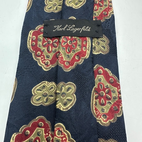 Karl Lagerfeld Silk Neck Tie Blue with Gold and Red Design 100% Silk 57” - Picture 3 of 4